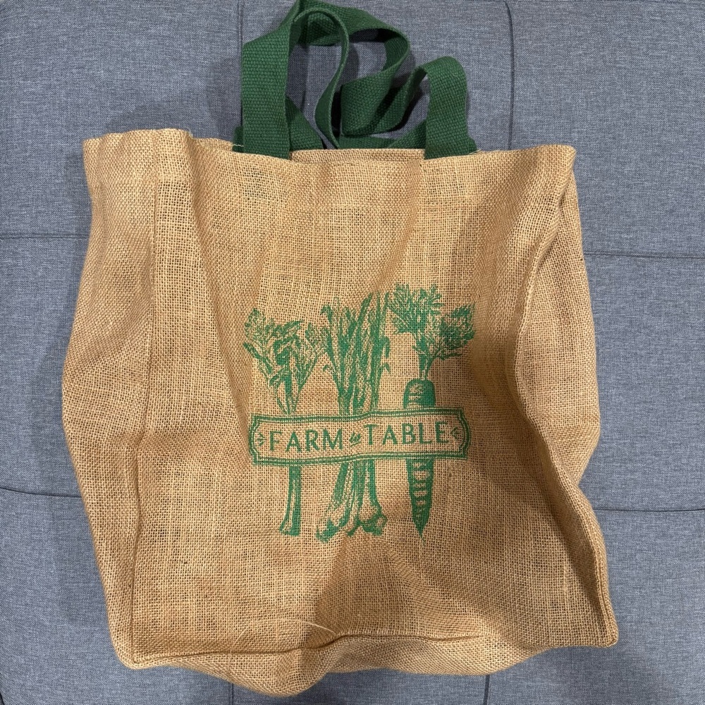 Farm to Table Burlap Tote Bag with Green Handles - Picture 2 of 4